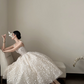 White floral-print spaghetti-strap waist-cinched slim-fit long ball gown with a ruffled skirt, wedding dress R8009