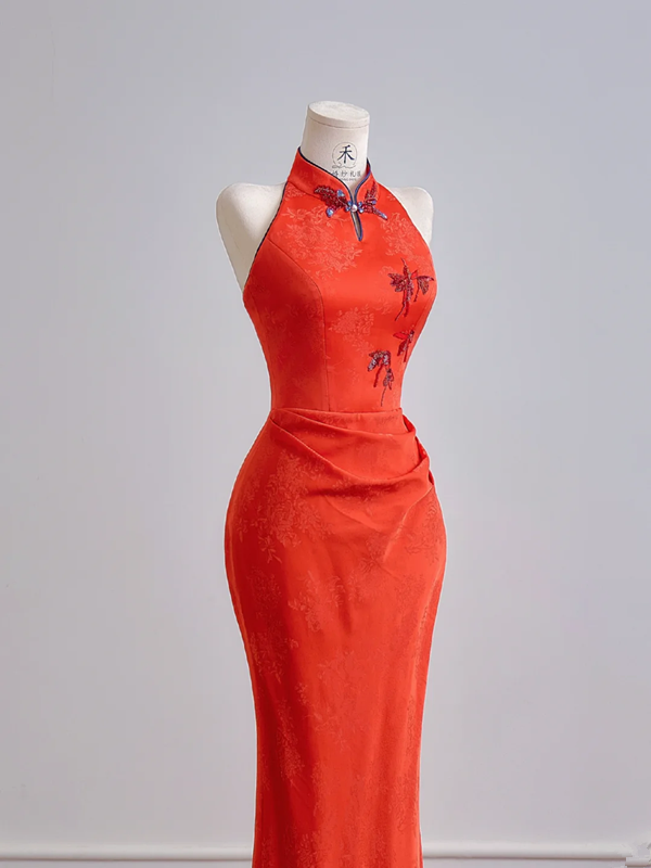 Red Chinese-style neckline, fitted waist, slim-fitting, long, sexy ball gown R8157