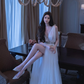 White V-Neck Waist-Cinched High-Slit Elegant Floor-Length Prom Dress R7103