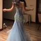Light blue halter-neck fitted bodycon fishtail skirt ball gown R8067