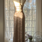 Champagne-colored halter-neck, fitted waist, bodycon long ball gown R7699