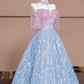 Light pink off-the-shoulder, fitted waist, long ball gown with light blue skirt; bridal gown R8351