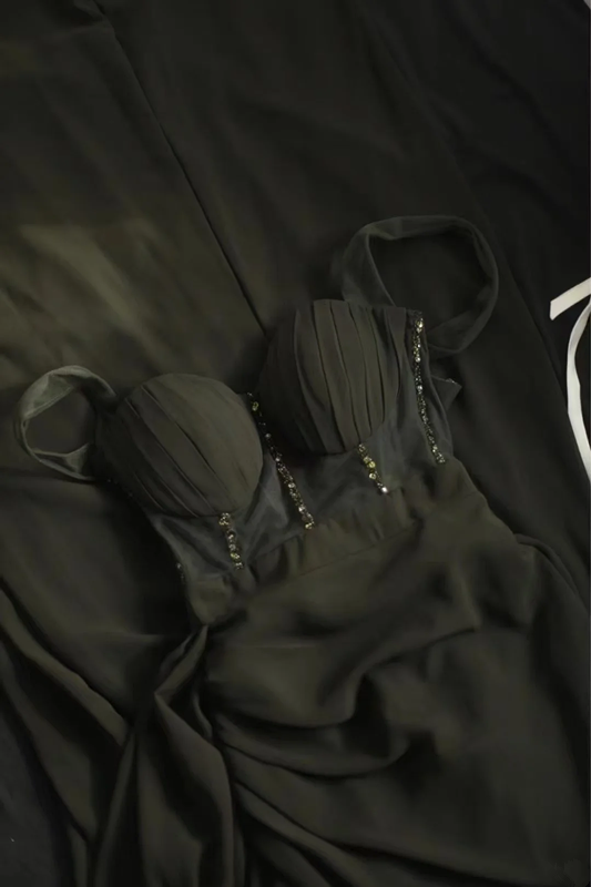 Black halter-neck fitted long ball gown R6783