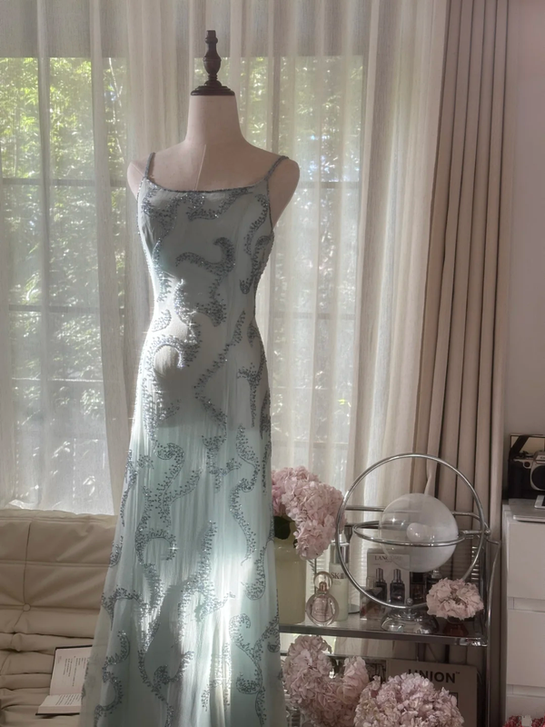Light gray-blue halter-neck fitted waist sexy long ball gown R7770