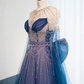 Dark blue round neck fitted waist long ball gown R8990