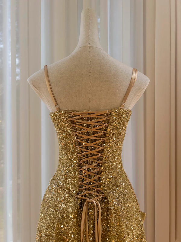 Gold Sequined Strapless Waist Slim Fit Sexy Short Skirt Homecoming Dress R5013