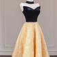 Black strapless bodice with apricot rose floral skirt, long ball gown R8264