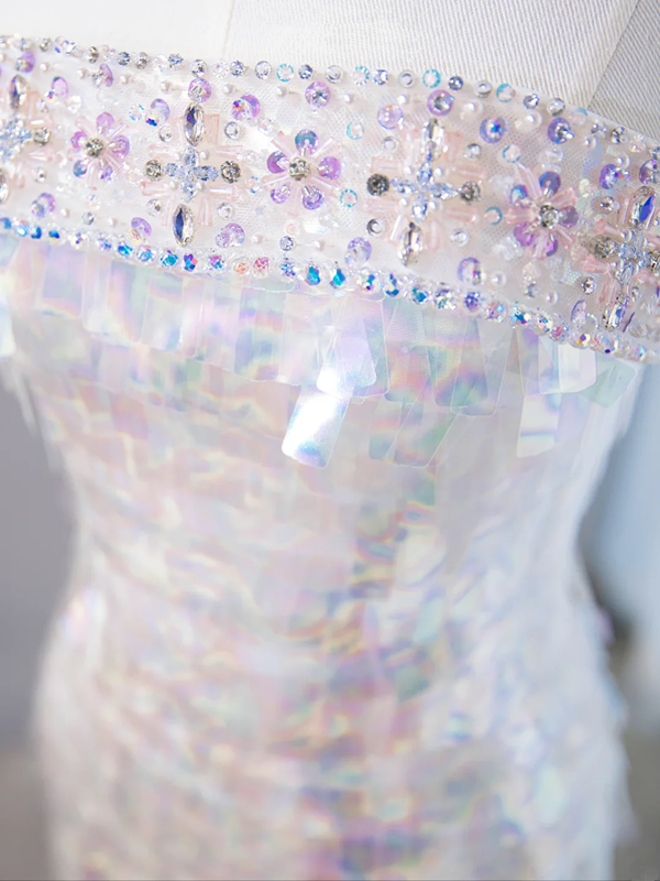 White iridescent sequined strapless fitted waist sexy long ball gown/bridal dress R9020