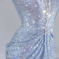 Light blue halter-neck, fitted, bodycon, sexy sequined long ball gown R8244