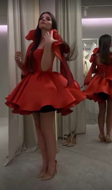 Red Spaghetti‑Strap Tie‑Waist A‑Line Princess Mini Homecoming Dress R5454