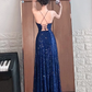 Deep blue sequined halter-neck cinched waist slit sexy long ball gown R7543