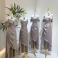 Gray spaghetti-strap satin waist-cinched slim-fit ball gown, bridesmaid dress R5945