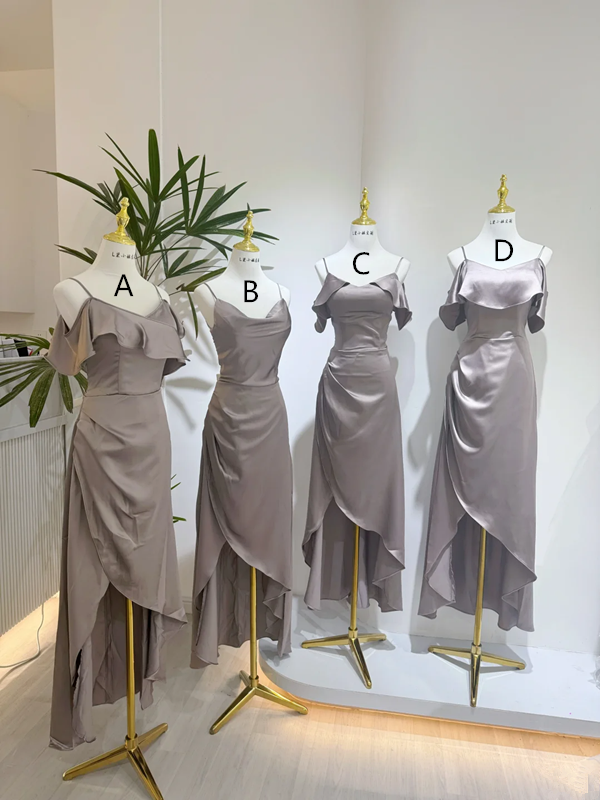 Gray spaghetti-strap satin waist-cinched slim-fit ball gown, bridesmaid dress R5945