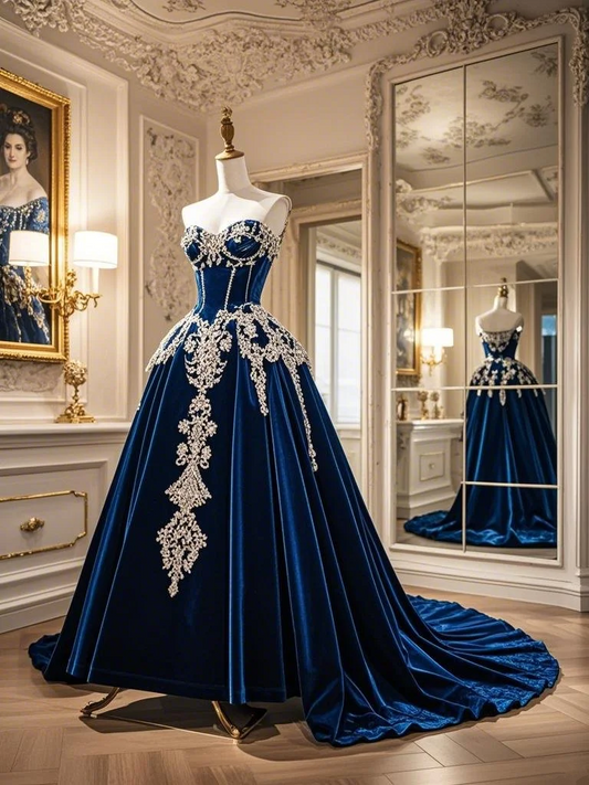 Blue strapless fitted waist slim-fitting ball gown with a full skirt R7216