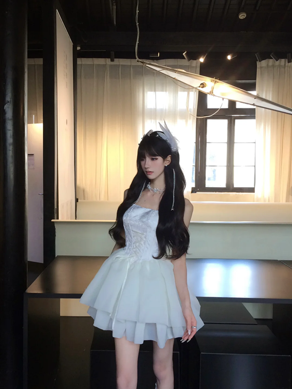 White tube top waist slim fit puffy princess skirt homecoming dress R5091