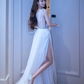 White V-Neck Waist-Cinched High-Slit Elegant Floor-Length Prom Dress R7103