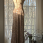 Champagne-colored halter-neck, fitted waist, bodycon long ball gown R7699