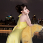 Yellow halter-neck, fitted waist, sexy long ball gown R7063