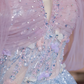 Light pink off-the-shoulder, fitted waist, long ball gown with light blue skirt; bridal gown R8351