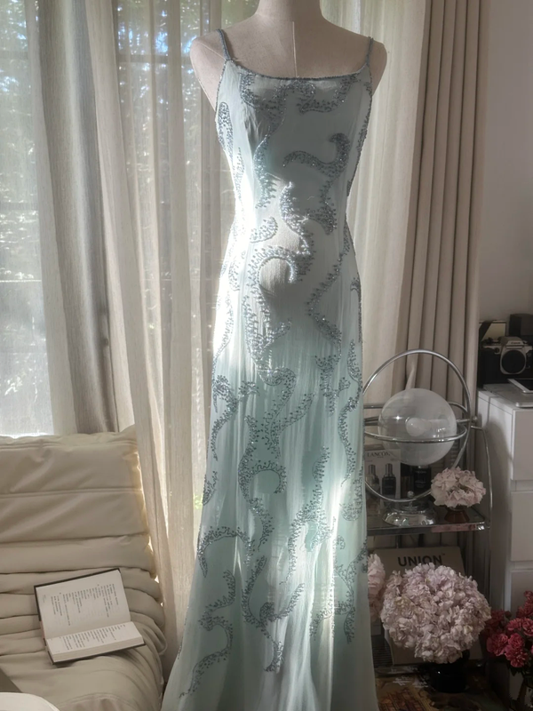 Light gray-blue halter-neck fitted waist sexy long ball gown R7770