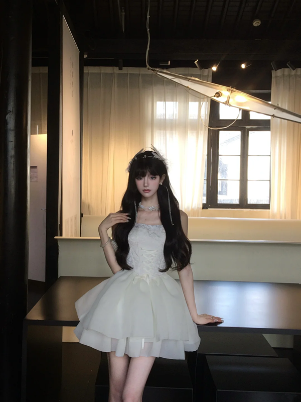 White tube top waist slim fit puffy princess skirt homecoming dress R5091