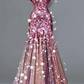 Dark red sequined halter-neck fitted long ball gown R6464