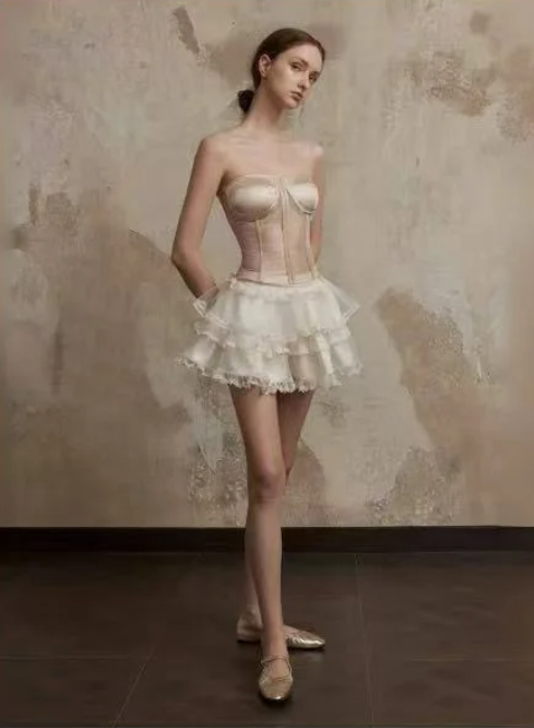 High-end brown tube top herringbone top cute cake skirt homecoming dress R4767