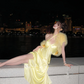 Yellow halter-neck, fitted waist, sexy long ball gown R7063