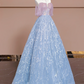Light pink off-the-shoulder, fitted waist, long ball gown with light blue skirt; bridal gown R8351