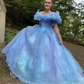 Blue princess dress with slim waist and puffy skirt, prom dress R5354