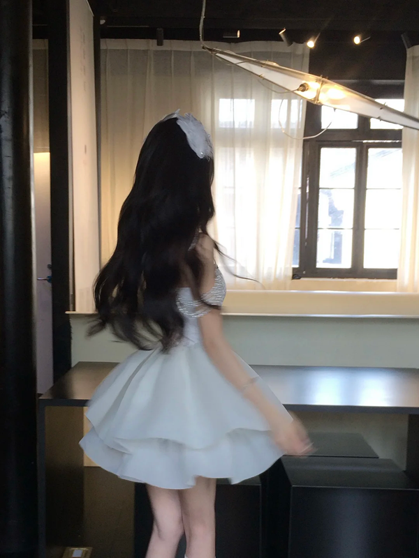 White tube top waist slim fit puffy princess skirt homecoming dress R5091