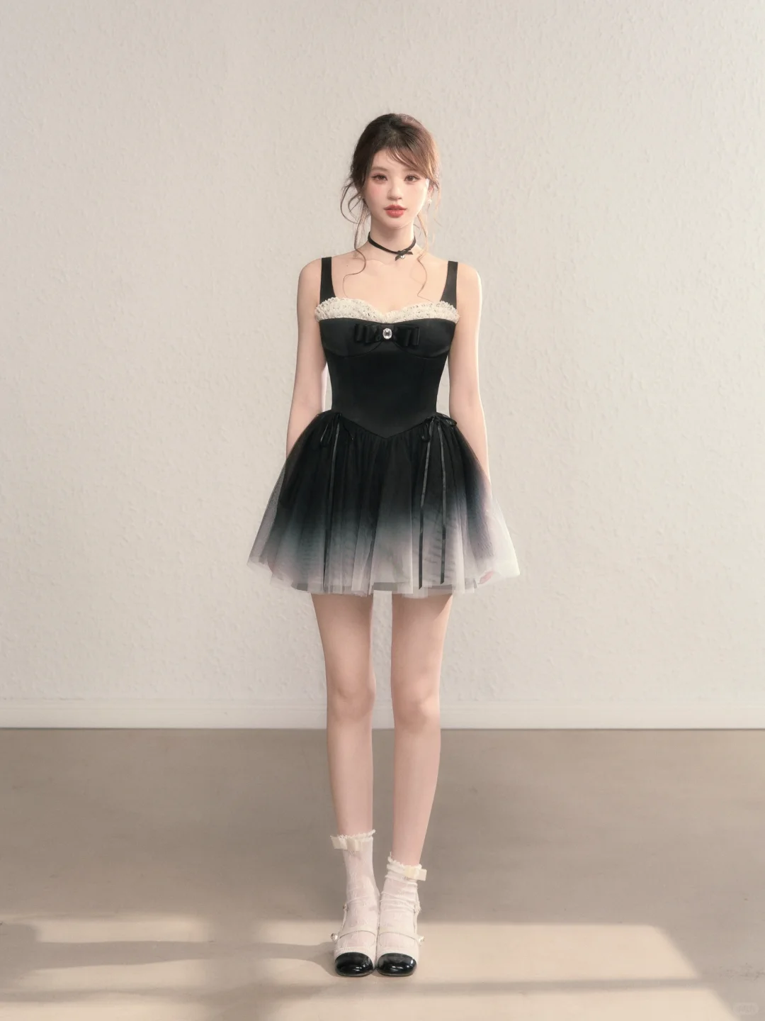 Black suspender gradient waist slim A-line short skirt homecoming dress R5412