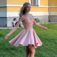 Pink suspender waist slim A-line short skirt homecoming dress R5593