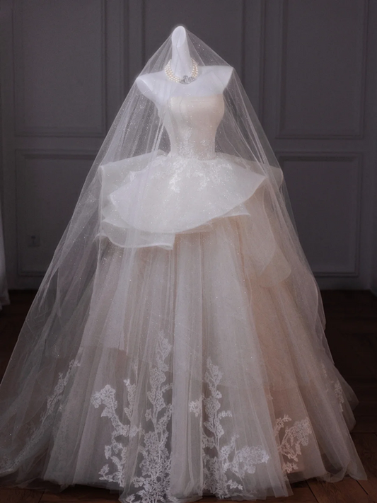 White tube top slim waist puffy skirt long dress bridal gown R5790