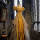 Gold puff sleeves, fitted waist, elegant and classic long ball gown R8130