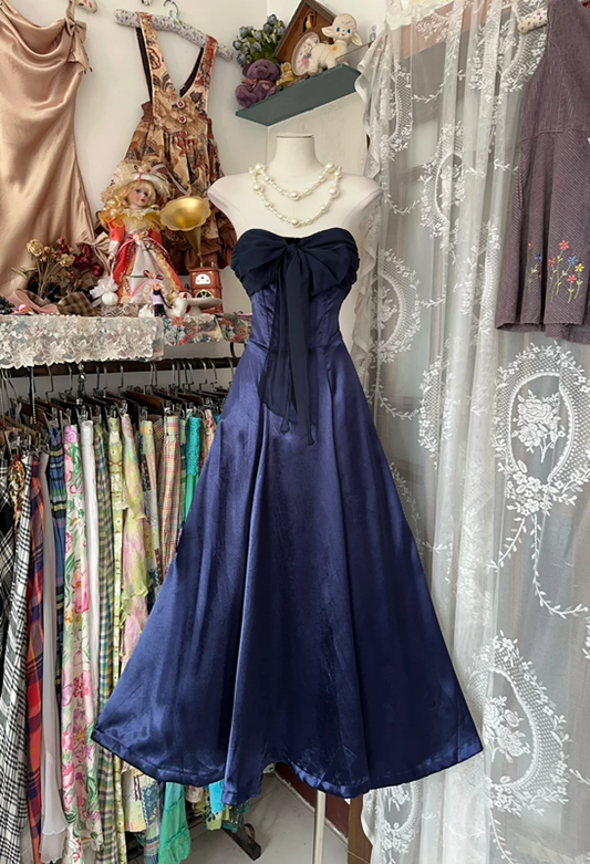 Navy blue strapless, fitted A-line long dress, ball gown R6343