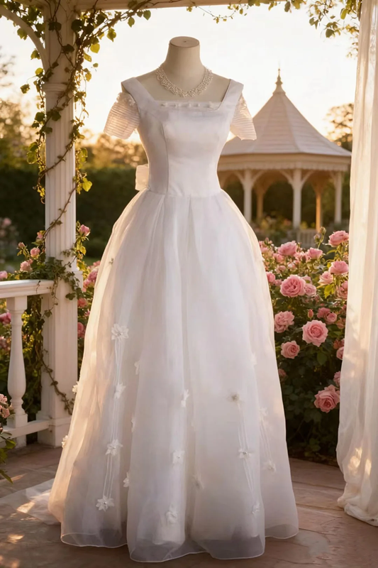 White square-neck, fitted waist, classic and elegant long ball gown/bridal dress R6744