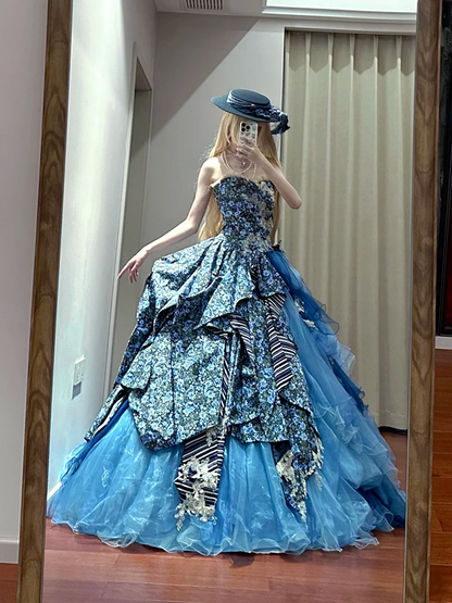 Blue floral print strapless fitted waist slim-fitting ball gown with a full skirt R8627