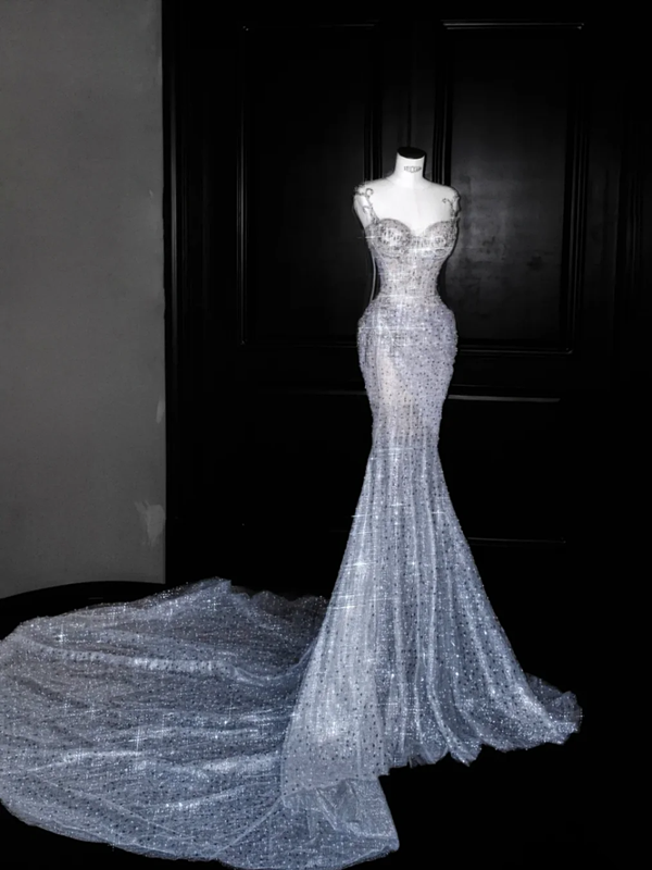 White suspender sequined waist slim hip fishtail long skirt, prom dress R5669