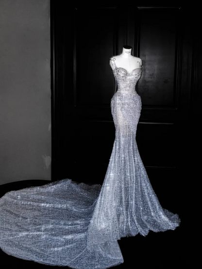 White suspender sequined waist slim hip fishtail long skirt, prom dress R5669
