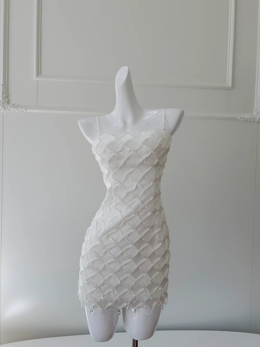 White suspender waist slim A-line short skirt homecoming dress R5053