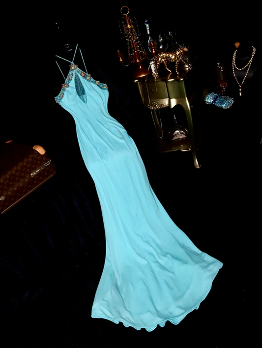 Light blue halter neckline with beaded details, fitted waist, elegant long ball gown R6903