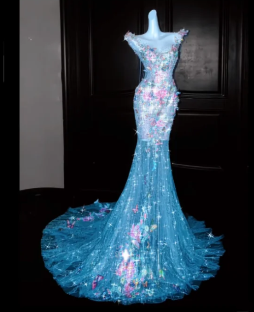 Lake Blue Fairy-Style Fitted-Waist Slim-Fit Hip-Hugging Mermaid-Length Prom Dress R6504