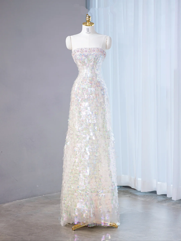 White iridescent sequined strapless fitted waist sexy long ball gown/bridal dress R9020