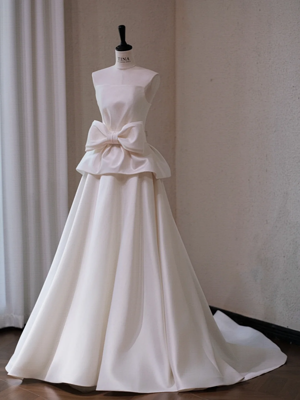 White satin waist bow design A-line maxi bridal gown R5710