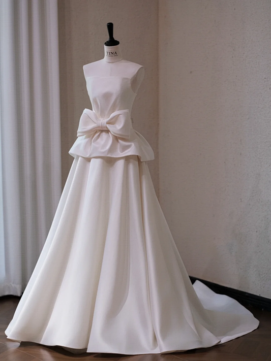 White satin waist bow design A-line maxi bridal gown R5710