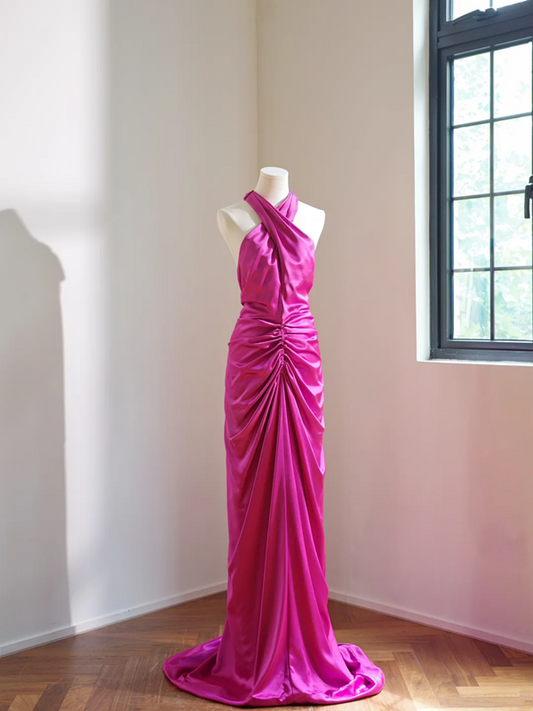 Rose pink halter neck fitted waist backless sexy long ball gown R8469