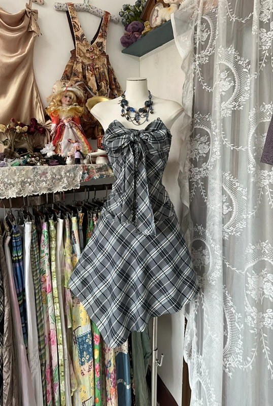 Gray checkered strapless waist A-line skirt suit ball gown R6384