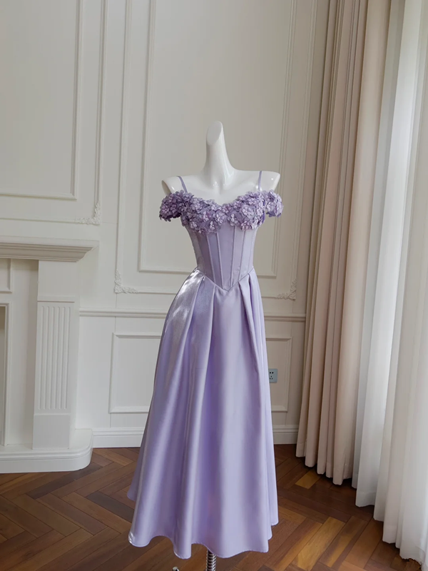 Purple suspender three-dimensional flower neckline fishbone waist slim long skirt homecoming dress R5193