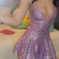 Purple sequined suspenders low-cut sexy waist slim A-line short skirt homecoming dress R5473